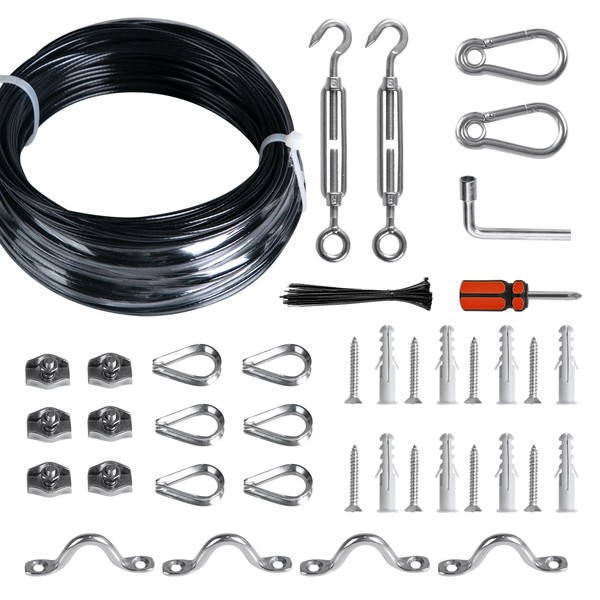 Brightown String Lights Hanging Kit for Outdoor, Includes 100Ft Stainless Steel(304) Suspension Rope Cable in Black Vinyl-Coated, Turnbuckle, Thimble, Hooks. Heavy Duty and Easy to Install