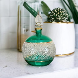 Les Trois Pyramides Engraved Green perfume Bottle in 14 K Gold | Green Fragrance Bottle | Refillable Perfume Glass Bottle | Blown Glass Bottles for essential oils | Egyptian Glass | Decorative Bottle