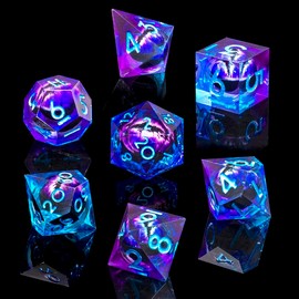 7 PCS Beholder's Dragon Eye DND Dice Set -Sharp Edge Liquid Core Resin Cat Eye Dice with Gift Box, Perfect for Gift Idea for Dungeons & Dragons and TTRPG:_Green Purple