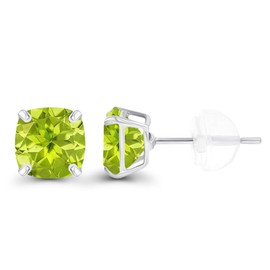 Solid 14K White Gold 6mm Cushion Natural Green Peridot August Birthstone Genuine Stud Earrings For Women