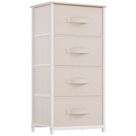 DWVO Storage Tower with 4 Drawers - Fabric Dresser, Organizer Unit for Bedroom, Living Room, Closets - Sturdy Steel Frame, Easy Pull Fabric Bins & Wooden Top (Cream White)