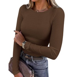PRETTYGARDEN Women 2025 Fall Clothes Long Sleeve Shirts Ribbed Knit Fitted Basic Tee Going Out Tops Underscrub Casual Outfits (Brown,X-Large)