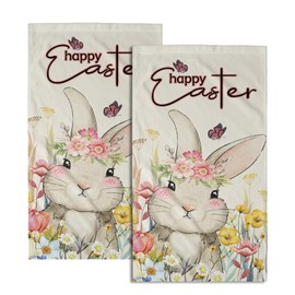 Giwawa Happy Easter Hand Bath Towel Set of 2 Rabbit Floral Fingertip Towels Spring Holiday Decorative Washcloths for Guest Hotel Spa Gym Sport