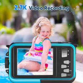 Krovtoy Water Camera Digital Waterproof Camera, Full HD 2.7K 48MP Submersible Digital Zoom 16X Aquatic Kids Dual Anti-Vibration for Snorkeling Diving