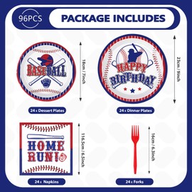 Grencian 96 PCS Baseball Birthday Party Supplies 350 GSM Baseball Plates and Napkins Tableware Set Baseball Party Decor for Kids Boys Sports Baseball Themed Birthday Party Decor Serves 24