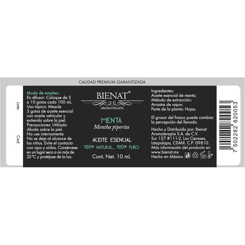 Bienat Aceite Esencial de Menta 10mL Natural Difusor y Aromaterapia