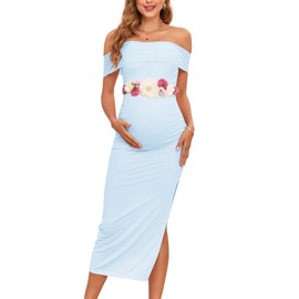 Maternity Mesh Split Dress Off The Shoulder Ruched Bodycon Pregnancy Dresses Baby Shower Photoshoot, Without Belt, Light Blue, Large