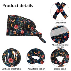 Moonlight Floral Adjustable Working Cap with Sweatband Scrub Hats Surgical Headgear for Women/Men