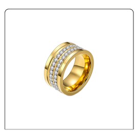 Fusamk Fashion 18K Gold Stainless Steel Band Ring Two Row Crystal Ring(Gold(6))