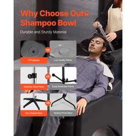 Happybuy Portable Shampoo Bowl, Black, Deep Shampoo Sink for Washing Hair with Adjustable Height and Angle, Includes Drain Hose, Shower Head, Portable Wash Bowl for Barbershop Beauty Salon Spa Center