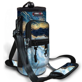 ARTSO Water Bottle Carrier Bag Sling Holder Pouch, 25oz 32oz 40oz 64oz Insulated Water Bottle Sleeve Case Cover with Adjustable Shoulder Hand Strap Pocket for Men Women Hiking Camping, Blue Marble
