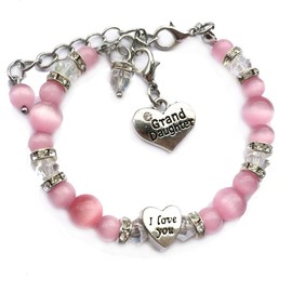 DOLON Graduated Pink Cat Eye Facted Beads Rhinestone I Love You Charm Granddaugther Bracelet Jewelry Back to School Birthday Gift