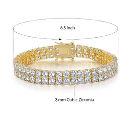 Tennis Bracelets for Women Men 18K Yellow Gold Plated 2 Row 3.0 Round Cubic Zirconia Tennis Bracelet Iced Out Hip Hop Bracelet 8.0 Inch