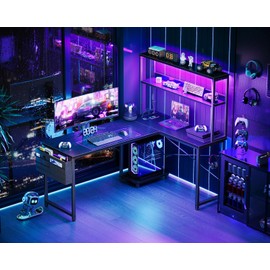 AODK L Shaped Desk Gaming Desk with LED Light & Power Outlet, 53 Inch Reversible L Shaped Computer Table with Shelf & Storage Bag & Hook for Home Office, Black