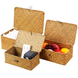 3 Pack Wicker Storage Basket with Lid Rectangle Hand Woven Storage Basket Living Room Bedroom Bathroom Organizer Items