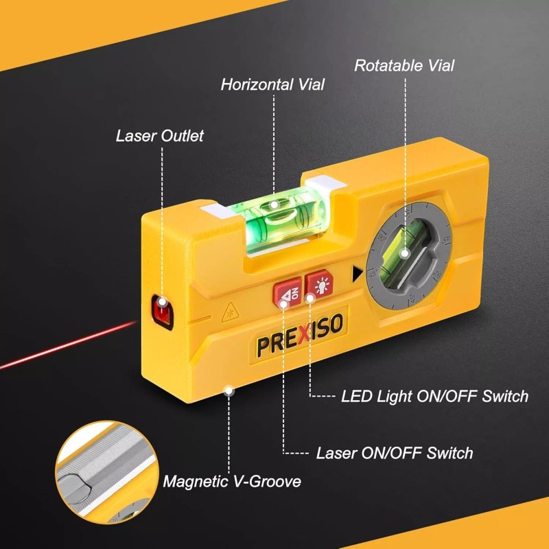 PREXISO 2-in-1 Line Laser Level -Mini Torpedo Level w/Light 3-3/4