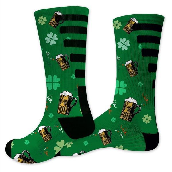 VictoryStore Apparel, St.Patrick's Day Performance Crew Socks, Beer, Shamrocks and Confetti, One Pair, Large