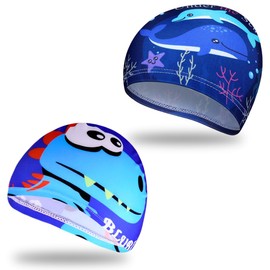 HAZMA Pack of 2 Children's Swimming Caps, Cartoon Pattern Swimming Cap Fabric, Swimming Cap Children Boys / Girls for 4-12 Years, Swimming Cap Children (C)