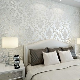 Q QIHANG DAWEI 3D Luxury Damask Pearl Powder Non-Woven Wallpaper Roll for Living Room Cream Color 1.73'W x 32.8'L