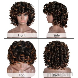 Nuxovin Short Curly Wigs Human Hair for Black Women Mixed Brown Afro Soft Wig with Bangs Heat Resistant Natural Cute Breathable Capless Glueless Lightweight Tangle Free