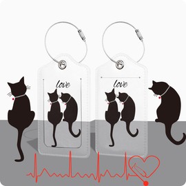 Set of 2 Cat Luggage Tags for Suitcases Cute Couples Leather Cruise Suitcases Tag with Stainless Steel Loop Privacy Cover ID Label Fantasy Travel Bag Tags Luggage Identifiers for Women Men Travel