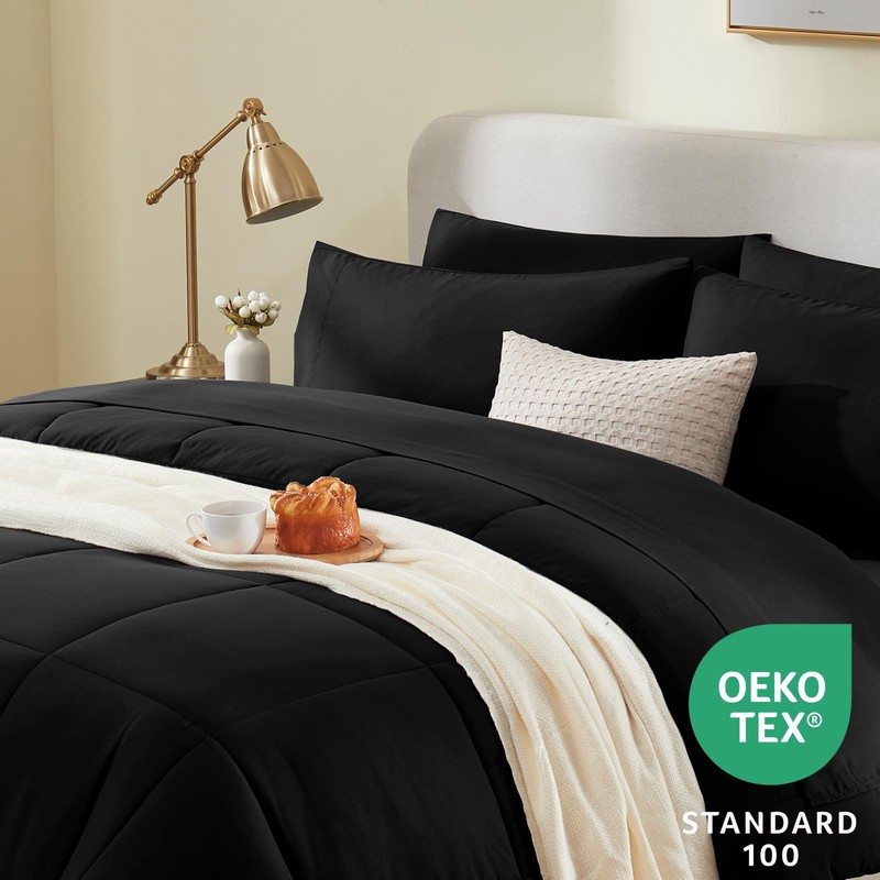 CozyLux Queen Comforter Set Black 7 Pieces Bed in a