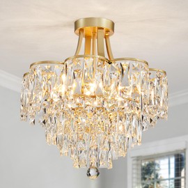 WUZUPS Crystal Chandelier Semi-Flushmount Ceiling Light Modern Lighting Fixture for Bedroom Hallway Entry Kitchen Bathroom, H 19.3" x W 18.3", E12 Base, Gold