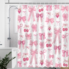 Mocsicka Pink Bow Shower Curtain Pink Bow Cherry Strawberry Bathroom Shower Curtain Cute Pink Bow Aesthetic Waterproof Fabric Shower Curtain Bathtub Decor with 12 Hooks 72 X 72 Inch