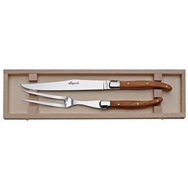 (D) Laguiole Flatware, France Jean Dubost Olive Wood Carving Set in Box, Vintage