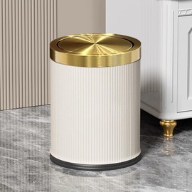 LEASYLIFE 15L/4Gal White Gold Bathroom Trash Can,Bathroom Garbage can with lid，Small Trash Can with Flipping Lid, 4gallon,Garbage cans for Kitchen，Living Room. Metallic Gold (Singer) (15L-White)
