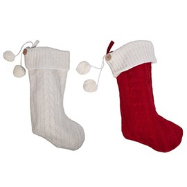 Transpac Pom Pom Red and White 12 Inch Polyester Christmas Knit Stocking Set of 2