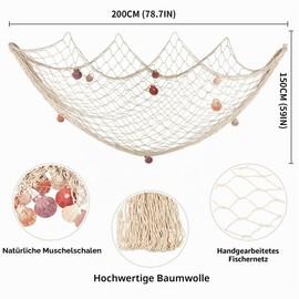 200 x 150 cm Decorative Fishing Net with Shells for Maritime Decoration Mediterranean Style Fishing Decorative with Coloured Shells Mediterranean Style Wall Hangings for Party Home Living Room Bedroom Decoration