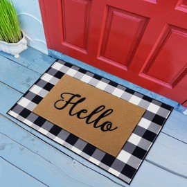 WinnerWhy 2 Pcs Buffalo Plaid Front Porch Mat Door Mat Imitation Coco Coir Hello Front Porch Rug for Farmhouse Outdoor Indoor Entrance Decor(Hello)