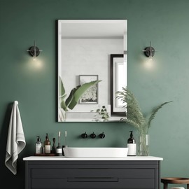 FARMER 28x36 inch Rectangle Frameless Mirror, Rectangle Mirror with 1" Beveled Edge, Beveled Bathroom Wall Mounted Mirror, Vanity, Bedroom, Living Room