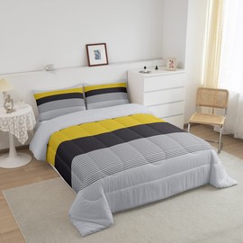 Black Grey Striped Comforter Set, Ombre Yellow Stripes Bedding Set Full Size, Modern Rustic Farmhouse Duvet Insert Geometric Stripes Patchwork Bedding Comforters For Kids Teens Adult Bedroom Decor
