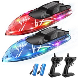 TOLLCY Remote Control Boat for Kids, 2Pack RC Boats with LED Lights for Pools Lakes River & Bathtub, 2.4Ghz Control, Whole Body Waterproof, 2 Rechargeable Batteries Summer Water Toys