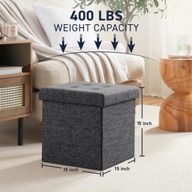 Ornavo Home 2 Pack 15 Inch Folding Storage Ottoman with Storage, Square Cube Linen Small Storage Ottoman Foot Rest Stool - Dark Gray