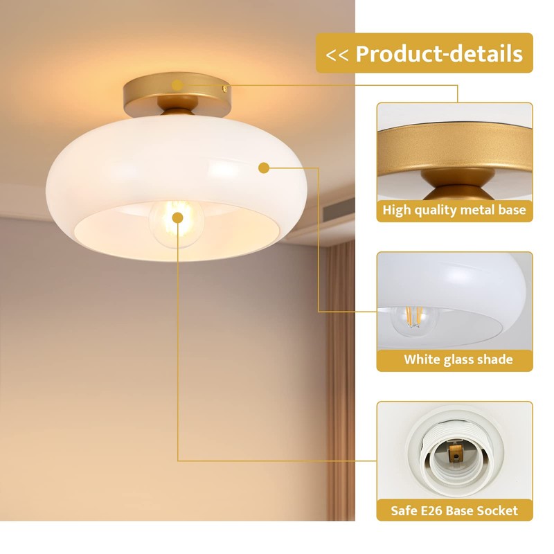 WOKNOS Mid-Century Modern Gold Semi Flush Mount Ceiling Light, Kitchen