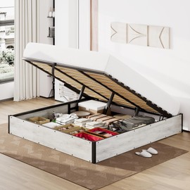 LUXOAK Full Size Lift-Up Storage Platform Bed, Durable Metal Frame with Wood Slat Support - Box Spring Not Needed - Ample Storage Space - Noise-Free - Easy to Assemble - White Birch