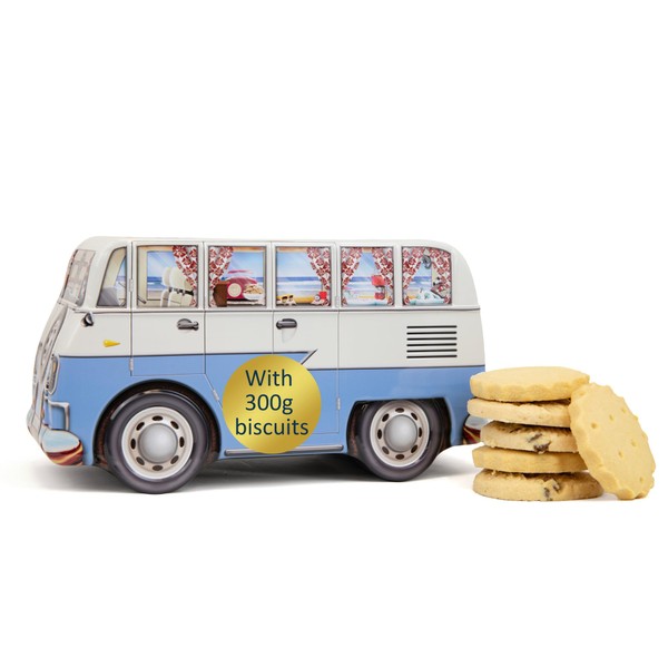 Retro Camper Van Biscuit Tin Gift - Scottish Shortbread Biscuits Gift Tin, Biscuit Selection Box, Luxury Biscuits Hamper - Novelty British Gifts, Birthday Gifts for Her, Mothers Day Gift, Blue