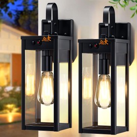 17'' Solar Porch Lights Outdoor 2 Packs, Waterproof Motion Lights for Outside, Black Dusk to Dawn Outdoor Lighting Modern Wall Sconce Lantern, Exterior Lighting Fixtures for House Patio Garage