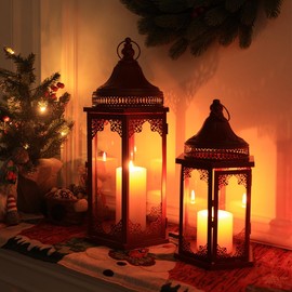 NEEDOMO Christmas Decorations Set of 2, 22''/15'' Christmas Lantern with Glass Panels for Home Decor, Decorative Hanging Lantern Indoor Outdoor for Xmas Table Centerpieces, Porch, Patio(Red)