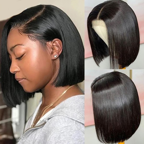 DUAUJUIU Short Bob Wig Real Hair Human Hair Glueless Wig 13 x 4 Lace Frontal Wig Bob Wig Natural Black Transparent Lace Front Wig Pre Plucked with Baby Hair 8 Inches