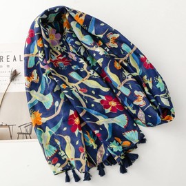 WaJuemy Lightweight Scarf Shawl Wrap for Women Fashion Casual Floral Linen Scarves Shawls Large Travel Blanket Scarf Wraps (49 Navy Bloom)