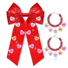 NLCAC Valentines Day Hair Bows for Girls Jeweled Crystal Candy Heart Hair Bows Clip Hair Accessories Conversation Heart Earrings Jewelry Red-Message Heart