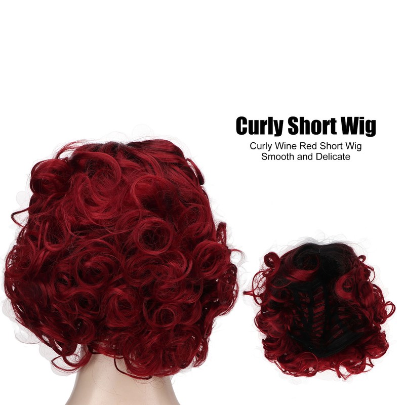 Curly Short Wig Wine Red Women Wig Gradient Color Adjustable