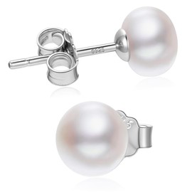 18K White Gold Plated Sterling Silver Freshwater Pearl Stud Earrings for Women, White Pearl Wedding Earrings Hypoallergenic Jewelry (5.5-6.0mm)
