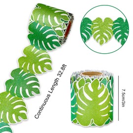 Whaline 32.8Ft Palm Leaf Bulletin Board Border Glitter Green Tropical Leaves Die Cut Trim Border Roll for Summer Classroom Chalkboard?Wall Decor