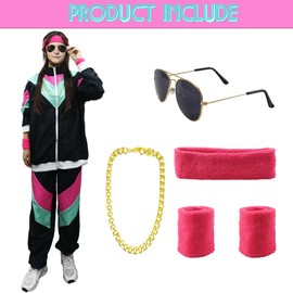 90s 80s Fancy Dress Men Women with Accessories, 80s Shell Suit 80s 90s Fancy Dress Costumes for Men Adult with Glasses Headband Wristbands, 80s 90s Outfits Fashion Retro Tracksuit for Carnival Party