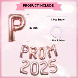 KALOR Rose Gold Prom 2025 Balloons Banner, 32 Inch Mylar letter Graduation Balloons Grad Decoration for Class of 2025 Congrats Grad Party Supplies